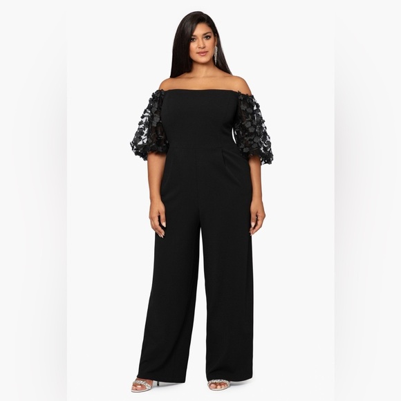 BELLE" OFF THE SHOULDER SCUBA CREPE JUMPSUIT - Picture 1 of 9